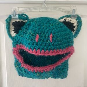 Hand Crocheted Frog Hat Beanie Balaclava Ski Mask Turquoise Pink Cute